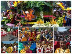 the collage shows many different images of people in colorful costumes and flowers on display