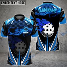 a blue and black soccer jersey with lightning on the back, front and side views