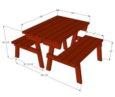 a wooden picnic table and bench with measurements