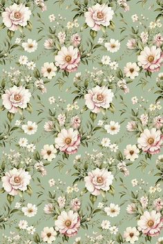 a green floral wallpaper with pink and white flowers on the bottom half of it