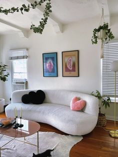 a living room with white couches and two cats on the hardwood floor next to each other