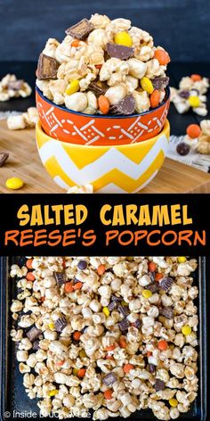 two pictures with different types of popcorn in them and the words salted caramel reese's popcorn