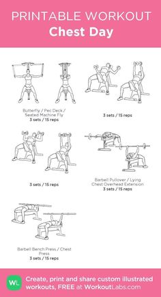 the printable workout chest day poster is shown with instructions for how to do it