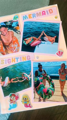 three pictures of people in bikinis on a boat and one has a life preserver