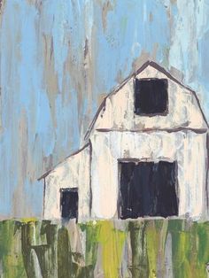 a painting of a white barn with black windows