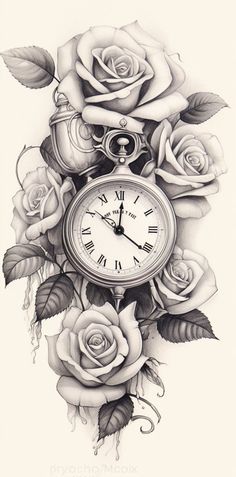 a drawing of roses and an old clock with leaves on the bottom half of it