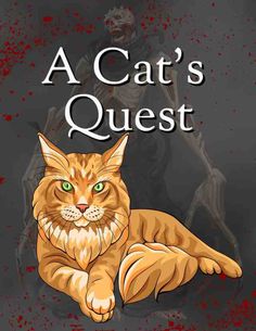 a cat's quest is shown with the title in red and black, as well as an image of a skeleton behind it