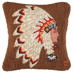 Native Chief Hooked Wool Pillow | Lone Star Western Decor Chief Sitting Bull, Hand Hooked Pillows, Western Blankets, Sitting Bull, Western Bedroom, Black Forest Decor, Native American Chief, Hooked Pillow, Hooked Wool