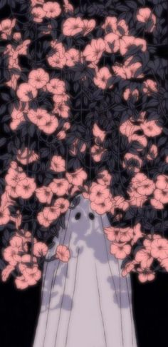 a white dog is surrounded by pink flowers