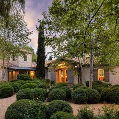 the front yard of a house with hedges and trees around it at dusk, lit up by lights