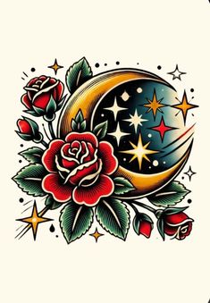 an old school tattoo design with roses, stars and the moon on it's side