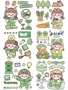 some stickers that are on the side of a white sheet with green and yellow designs