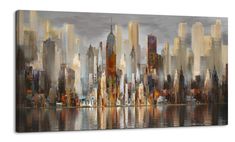 an abstract cityscape painting on canvas with water and sky in the foreground