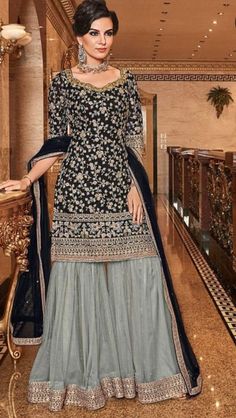 Beautiful embroidery Sharara suit can wear for wedding or for reception. Black Salwar Suit, Sharara Suit Designs, Blue Sharara, Abaya Style, Sharara Suit, Designer Salwar Suits, Indian Suits