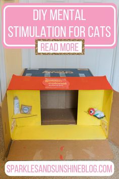 Is your cat bored? Did you know mental stimulation for cats is really important? One of my favorite cat enrichment ideas is a DIY indoor cat house filled with tons of fun catnip toys and other enriching add-ons. Get two DIY cat house indoor cardboard tutorials and discover more cat enrichment ideas and activities at Sparklesandsunshineblog.com Cat Enrichment Diy, Bored Cat