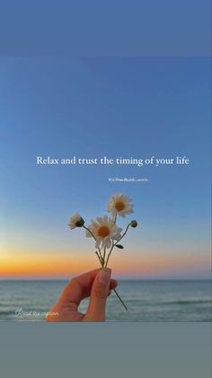 someone is holding flowers in front of the ocean with a quote on it that reads relax and trust the thing of your life