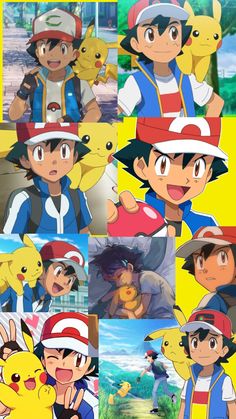 many different pictures of pokemon and their respective characters in the same photo, one has pikachu on it