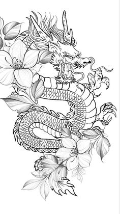 a drawing of a dragon with flowers on it's back and the tail curled up