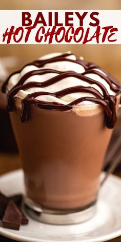 there is a hot chocolate drink with whipped cream and chocolate drizzle on top