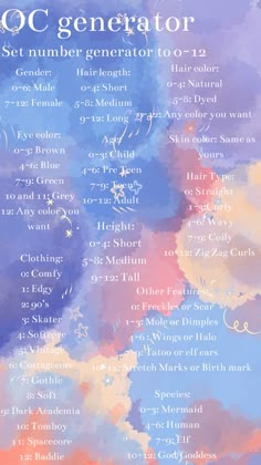 a poster with the names of different types of clouds and numbers in blue, pink, orange