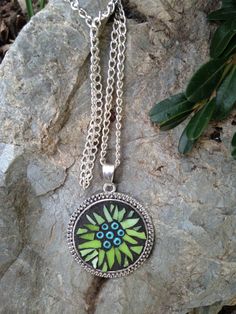 Mosaic Flower Necklace/Green Stained Glass Mosaic Flower Green Necklace With Flower Charm And Round Pendant, Nickel-free Green Round Pendant Jewelry, Green Flower Charm Round Pendant Jewelry, Green Round Pendant Jewelry With Flower Charm, Green Flower Charm Jewelry With Round Pendant, Nickel-free Green Flower Pendant Jewelry, Green Circle Bohemian Jewelry, Green Bohemian Circular Jewelry, Green Flower Pendant Necklace With Large Pendant