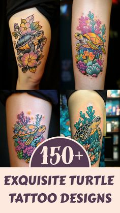 some tattoos that are all different colors and designs on their legs, with text overlaying the image