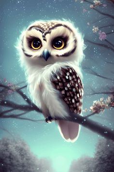 an owl sitting on top of a tree branch in front of a sky with stars