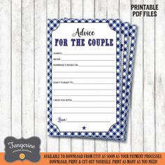 printable advice for the couple in blue and white checkered paper on wood background