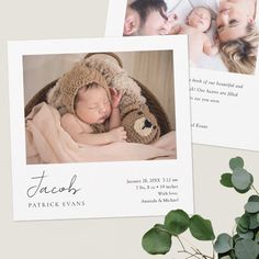 two photos of a baby and a teddy bear are shown in this birth announcement card