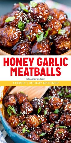 honey garlic meatballs in a blue bowl with a wooden spoon and text overlay