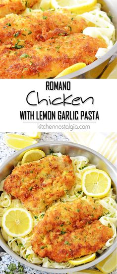 two pictures of chicken with lemon garlic pasta