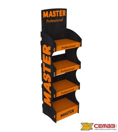 an orange and black display case with the word master on it's side, in front of a white background