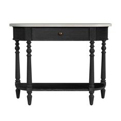 a black and white console table with two drawers on one side, an open shelf at the top