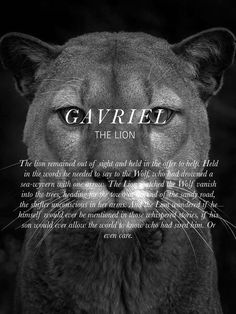 a black and white photo of a panther with the words gavriel on it