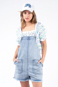 Get ready for some fun in the sun with these quirky Denim Washed Overalls! Made from soft, washed cotton, they're perfect for summer beach vacations. You'll love the playful romper design, making it the perfect addition to your summer wardrobe. Time to rock these overalls! Romper Designs, Flannel Tops, Flirty Dresses, Casual Rompers, Cotton Romper, Denim Romper, Jumpsuit Shorts Rompers, Denim Cotton, Washed Denim