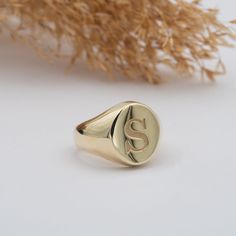 "Signet Ring - Custom Initial Ring - Initial Ring - Personalized Signet Ring - 14k Gold Signet Ring - Gold Stacking Ring - Gold Filled Ring - Christmas Gift - All my jewelry is made of High Quality 925K Sterling Silver or 14k Solid Gold - This Signet Ring will be handmade for your size at my atelier. - Your Signet Ring will arrive in a special gift box. Please make a note if you would like us to include a gift message with your order. - This jewelry makes great new mother necklace, girlfriend gift, mom gift, sister necklace, family necklace, Christmas Gift, Mother's Day Gift - You can order with your preferred letter this Signet Ring, you feel better with this :) - All our jewelry is custom made with Love and Care in my workshop - H O W  T O  O R D E R - . To order, please select your pref Personalized Yellow Gold Round Band Ring, Personalized Yellow Gold Signet Ring, Symbolic Yellow Gold Signet Ring Engraved, Symbolic Personalized Yellow Gold Signet Ring, Symbolic Hallmarked Initial Ring As Gift, Tarnish Resistant Round Initial Promise Ring, Round Dome Ring Tarnish Resistant Gift, Tarnish-resistant Round Dome Ring As Gift, Tarnish Resistant Dome Ring Gift