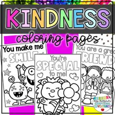 some kind of coloring pages with the words kindness on them and rainbows in the background