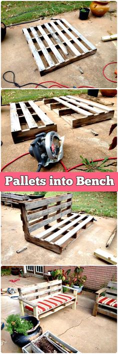 the pallet is being used to make a bench out of wood and other items