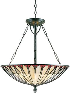 a light fixture hanging from the ceiling with stained glass shades on it's sides