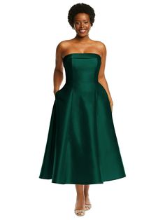 Formal Satin Strapless Midi Dress, Elegant Evening Midi Dress With Pockets, Satin Strapless Midi Dress For Gala, A-line Midi Dress With Pockets For Party, Black Satin Bridesmaid Dress, Hunter Green Dresses, Midi Bridesmaid Dress, Senior Prom Dresses, Draped Midi Dresses