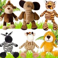 four different stuffed animals sitting in the grass