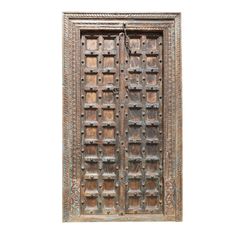 an old wooden door with intricate carvings on the front and side panels, isolated against a white background