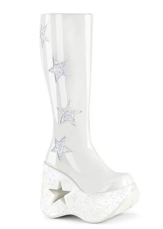 Please note: there is a 5 days processing time for this product before we can ship it to you. Material: Patent 5" (127mm) Star Cutout Platform Wedge Knee High Boot Glitter Star Side Patch Detail Inside Metal Zipper Approximate calf circumference:... Dollskill Shoes, Calf Stretches, Knee High Platform Boots, Headpiece Accessories, Goth Boots, Demonia Shoes, Star Boots, Knee Length Boots, Pleaser Shoes