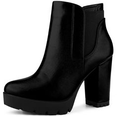 Made in a basic color that will add of color to your ensembles, these platform faux leather Chelsea boots with stretchable sides are the perfect pair to take you through your day in style. Chelsea Ankle Boots; Round Toe; Block High Heels; Vamp: Faux Leather; Outsole: TPR; Heel: ABS. Please check your size to make sure the item fits before ordering. Chelsea Boots Black, Elastic Boots, Block High Heels, Chelsea Rain Boots, Chunky Heel Ankle Boots, Western Ankle Boots, Buckle Ankle Boots, Shoes Boots Ankle, Closed Toe Shoes