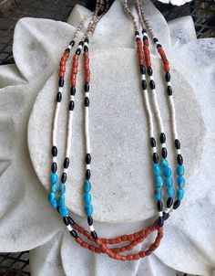 Native American Multi Stone Turquise Onyx Shell heshi Coral ART Glass Vintage Necklace Necklace is made of Heishi beads, Turquise , Onyx , Seeds and Coral Art Glass trade beads measures aprox 30 inches around Southwestern Multi-strand Gemstone Beads Necklace, Southwestern Multi-strand Polished Beaded Necklaces, Southwestern Multi-strand Beaded Necklaces With Natural Stones, Southwestern Multi-strand Beaded Necklace With Natural Stones, Handmade Southwestern Black Beads, Southwestern Style Beaded Necklaces With Gemstone Beads, Southwestern Multi-strand Beads For Jewelry Making, Southwestern Multi-strand Beaded Necklace With Large Beads, Southwestern Multi-strand Beaded Necklaces As Gift