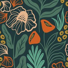 an orange and green floral pattern on a black background with leaves, flowers, and berries