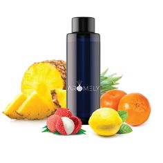 thermos bottle is surrounded by fruit and pineapples on a white background