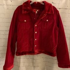 Nwt! Women’s Corduroy Jacket With Faux Fur Trim Gorgeous Faux Fur Corduroy Jacket With Front Chest Pockets Snap Closure. Chest/Front Pockets. Color: Red 98% Cotton 2% Spandex Size: 3xl 23” Length 23” Pit To Pit 24” Sleeve Pet/Smoke Free Home Winter Red Outerwear With Corduroy Collar, Red Corduroy Winter Outerwear, Green Jean Jacket, Corduroy Jacket Womens, Red Denim Jacket, Lined Jeans, Green Jeans, Trim Color, Corduroy Jacket