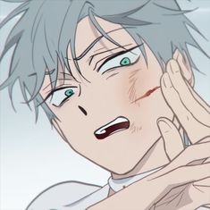 an anime character with grey hair and blue eyes holding his hand up to his face