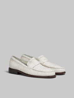 Lightweight Bambi loafer crafted from tightly woven goatskin leather. Braided trim with raised apron stitching. Embellished with a classic saddle trap. Leather insole and leather sole. Debossed Marni logo on the heel. Care About You, Direct Sales, Saddle, Apron, Loafers, Stitching, Trim, Leather, White